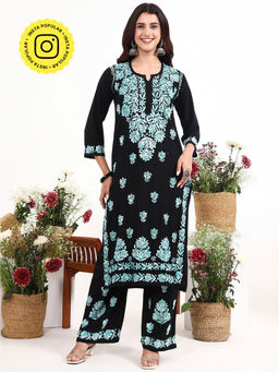 The Chikan Label - Ekisha Sea Green Rayon Chikankari Kurti with Palazzo