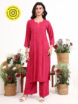 The Chikan Label - Qirat Pink Rayon Chikankari Kurti with Palazzo