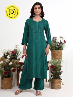 The Chikan Label - Qirat Green Rayon Chikankari Kurti with Palazzo