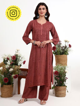 The Chikan Label - Qirat Brown Rayon Chikankari Kurti with Palazzo