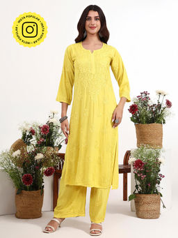The Chikan Label - Qirat Yellow Rayon Chikankari Kurti with Palazzo