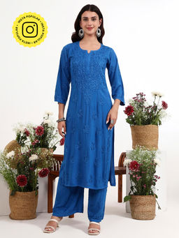 The Chikan Label - Qirat Blue Rayon Chikankari Kurti with Palazzo