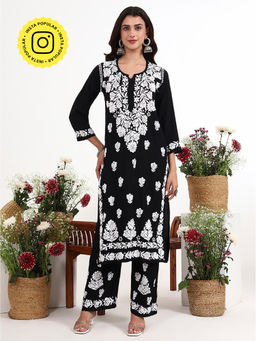The Chikan Label - Tisya Black Rayon Chikankari Kurti with Palazzo