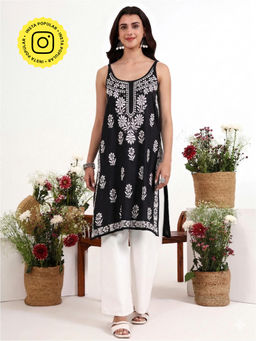 The Chikan Label - Kamya Black Rayon Chikankari Strappy Long Kurta