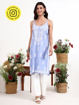The Chikan Label - Kamya Powder Blue Rayon Chikankari Strappy Long Kurta