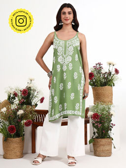 The Chikan Label - Kamya Green Rayon Chikankari Strappy Long Kurta