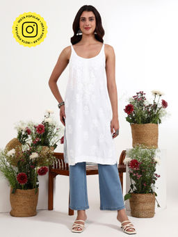 The Chikan Label - Kamya White Rayon Chikankari Strappy Long Kurta