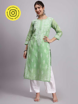 The Chikan Label - Green Layla Cotton Chikankari Straight Kurta