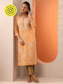 The Chikan Label - Orange Vira Cotton Chikankari Straight Kurta with Inner
