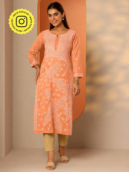The Chikan Label - Coral Vira Cotton Chikankari Straight Kurta with Inner