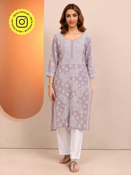 The Chikan Label - Lavender Vira Cotton Chikankari Straight Kurta with Inner
