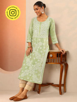 The Chikan Label - Green Vira Cotton Chikankari Straight Kurta with Inner