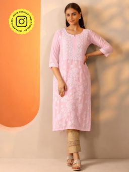 The Chikan Label - Baby Pink Vira Cotton Chikankari Straight Kurta with Inner