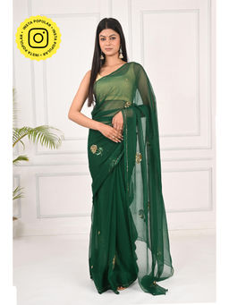 THREADS and BLOCKS - Bottle Green Rose Buta Saree with Unstitched Blouse