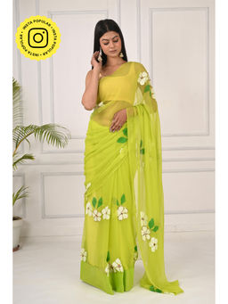 THREADS and BLOCKS - Green Hibiscus Hand Painted Saree with Unstitched Blouse