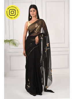 THREADS and BLOCKS - Black Holland Tulip Saree with Unstitched Blouse