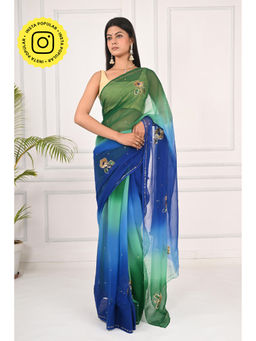 THREADS and BLOCKS - Emerald And Sapphire Floral Buta Saree with Unstitched Blouse