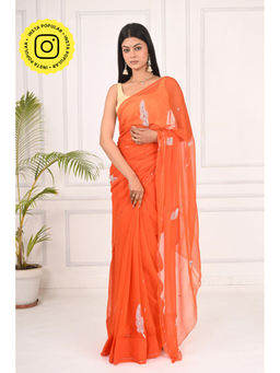 THREADS and BLOCKS - Pop Orange Cut daana Leaf Saree with Unstitched Blouse