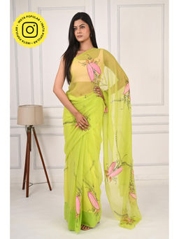 THREADS and BLOCKS - Half Water Lily Hand Painted Saree with Unstitched Blouse
