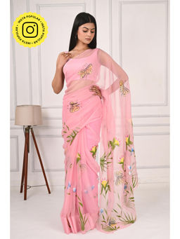 THREADS and BLOCKS - Butterflies In Garden Hand Painted Saree with Unstitched Blouse