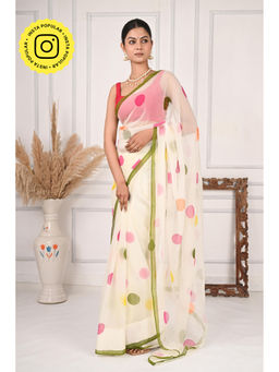 THREADS and BLOCKS - Colourful Dot Hand Painted Saree with Unstitched Blouse