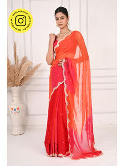 THREADS and BLOCKS - Red Pink Orange Scalloped Border Saree with Unstitched Blouse