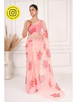 THREADS and BLOCKS - Pink Lily Hand Painted Saree with Unstitched Blouse