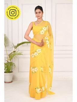THREADS and BLOCKS - White Hibiscus Hand Painted Saree with Unstitched Blouse
