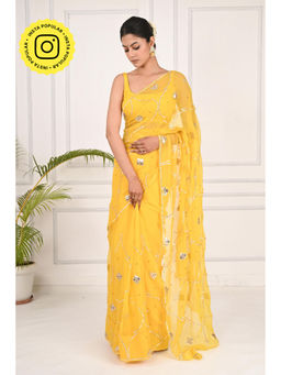 THREADS and BLOCKS - Lemon Yellow Gota Jaal Saree with Unstitched Blouse