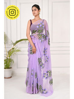 THREADS and BLOCKS - Lavender Rhapsody Hand Painted Saree with Unstitched Blouse