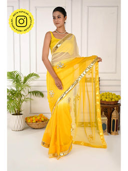 THREADS and BLOCKS - Ombre Yellow Kachi Patti Lappa Border Saree with Unstitched Blouse
