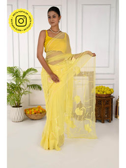 THREADS and BLOCKS - Soft Lemon Sequin Floral Border Saree with Unstitched Blouse - Cream