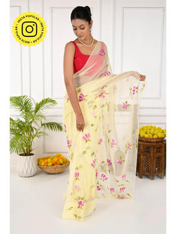 THREADS and BLOCKS - Blooms Of Paradise Hand Painted Saree with Unstitched Blouse - Cream