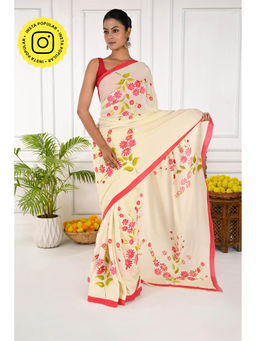 THREADS and BLOCKS - Spring Kiss Hand Painted Crepe Saree with Unstitched Blouse - Cream