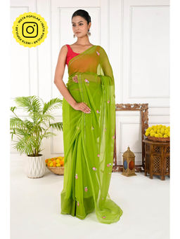 THREADS and BLOCKS - Heena Phool Buta Saree with Unstitched Blouse - Green