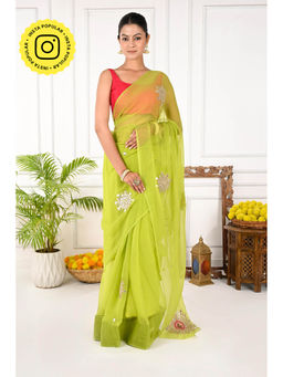 THREADS and BLOCKS - Zubeida Zardozi Buta Saree with Unstitched Blouse - Green