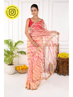 THREADS and BLOCKS - Kanak Gulab Tissue Leheriya Saree with Unstitched Blouse - Pink