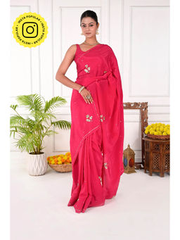 THREADS and BLOCKS - Fuchsia Floral Crepe Saree with Unstitched Blouse - Pink
