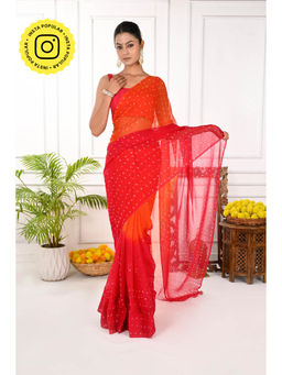 THREADS and BLOCKS - Rani Red Bandhani Saree with Unstitched Blouse