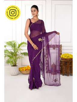 THREADS and BLOCKS - Rose Buta With Scalloped Border Saree with Unstitched Blouse - Purple