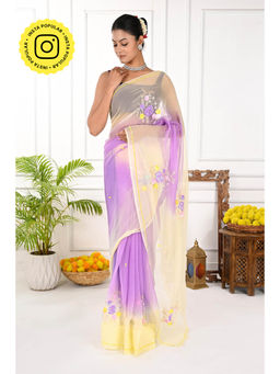 THREADS and BLOCKS - Lemon And Lavender Floral Bunch Saree with Unstitched Blouse - Multi-Color