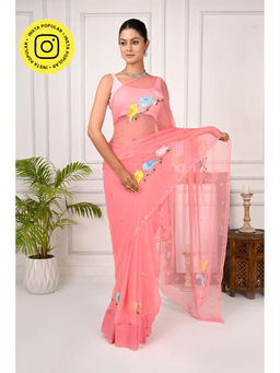 THREADS and BLOCKS - Pink Chirpy Birds Chiffon Saree with Unstitched Blouse