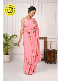 THREADS and BLOCKS - Baby Pink Birds And Bouquet Saree with Unstitched Blouse