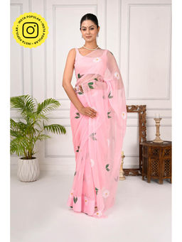 THREADS and BLOCKS - Whispers Of Sakura Hand Painted Saree with Unstitched Blouse - Pink