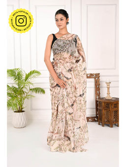 THREADS and BLOCKS - Wings Of Elegance Chiffon Saree with Unstitched Blouse - Beige