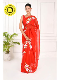 THREADS and BLOCKS - Red Hibiscus Hand Painted Saree with Unstitched Blouse