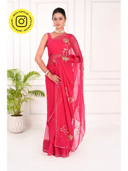 THREADS and BLOCKS - Fuchsia Pink Long Stem Rose Saree with Unstitched Blouse