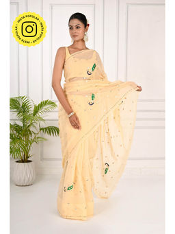 THREADS and BLOCKS - Beige Organza Saree with Unstitched Blouse With Peacock Gota Jaal