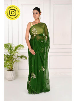 THREADS and BLOCKS - Kachi Patti Mix Work Buta Saree with Unstitched Blouse - Green