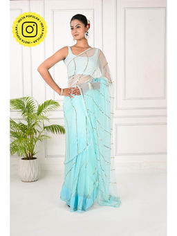 THREADS and BLOCKS - Ombre Blue Sequin Stripes Saree with Unstitched Blouse